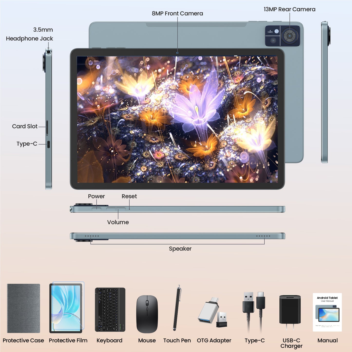 Android 14 Tablet,11 inch Tablet with Keyboard,16+128GB ROM 1TB Expand, Octa-Core Processor, 1280x800 IPS HD Touch Screen, GPS, WiFi, 8MP+13MP Dual Camera, Bluetooth