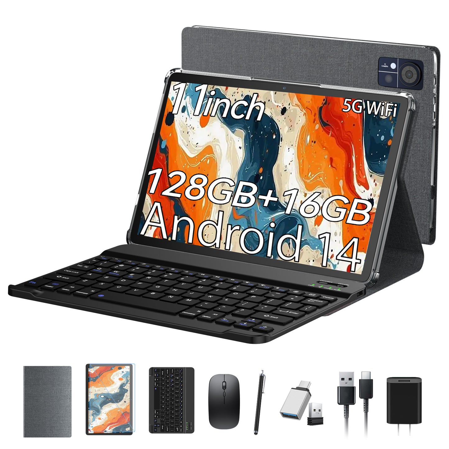 Android 14 Tablet,11 inch Tablet with Keyboard,16+128GB ROM 1TB Expand, Octa-Core Processor, 1280x800 IPS HD Touch Screen, GPS, WiFi, 8MP+13MP Dual Camera, Bluetooth