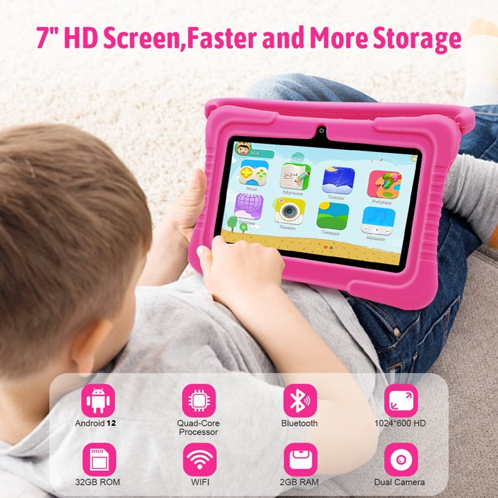 Android 12 Kids Tablet,Kids Learning Tablet,Antemper 7 inch Kids Tablet,32GB Storage,Toddler Tablet with Bluetooth, Wifi,Parental Control, HD Dual Camera,Google Play, Pink