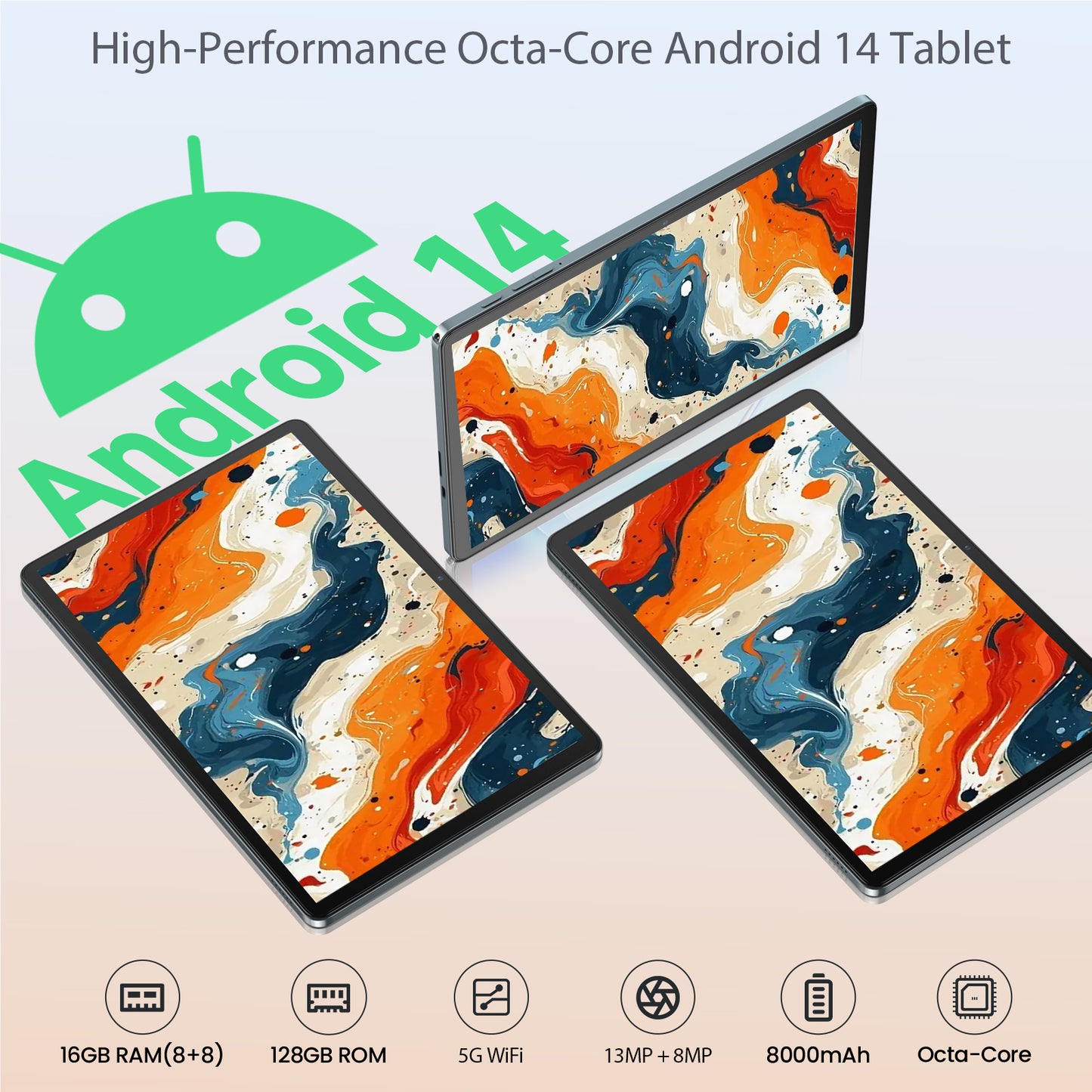 Android 14 Tablet,11 inch Tablet with Keyboard,16+128GB ROM 1TB Expand, Octa-Core Processor, 1280x800 IPS HD Touch Screen, GPS, WiFi, 8MP+13MP Dual Camera, Bluetooth