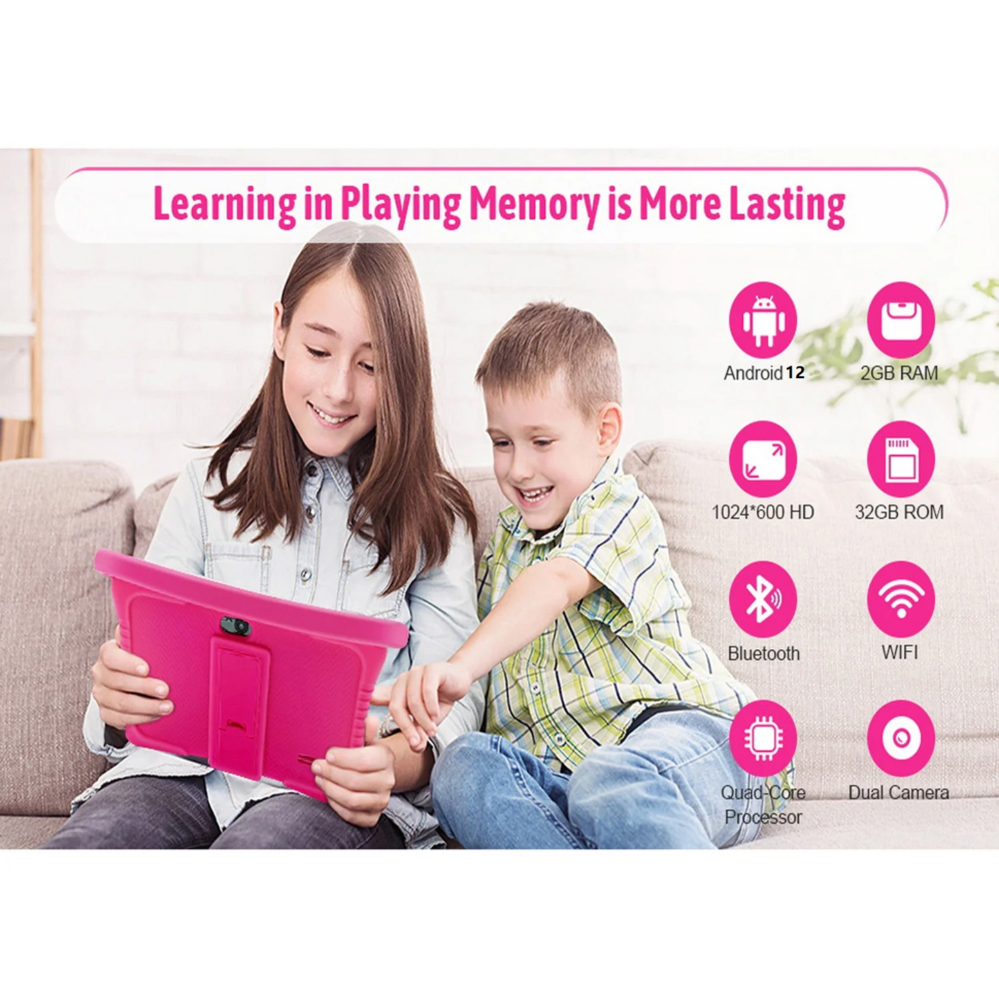 Android 12 Kids Tablet,Kids Learning Tablet,Antemper 7 inch Kids Tablet,32GB Storage,Toddler Tablet with Bluetooth, Wifi,Parental Control, HD Dual Camera,Google Play, Pink