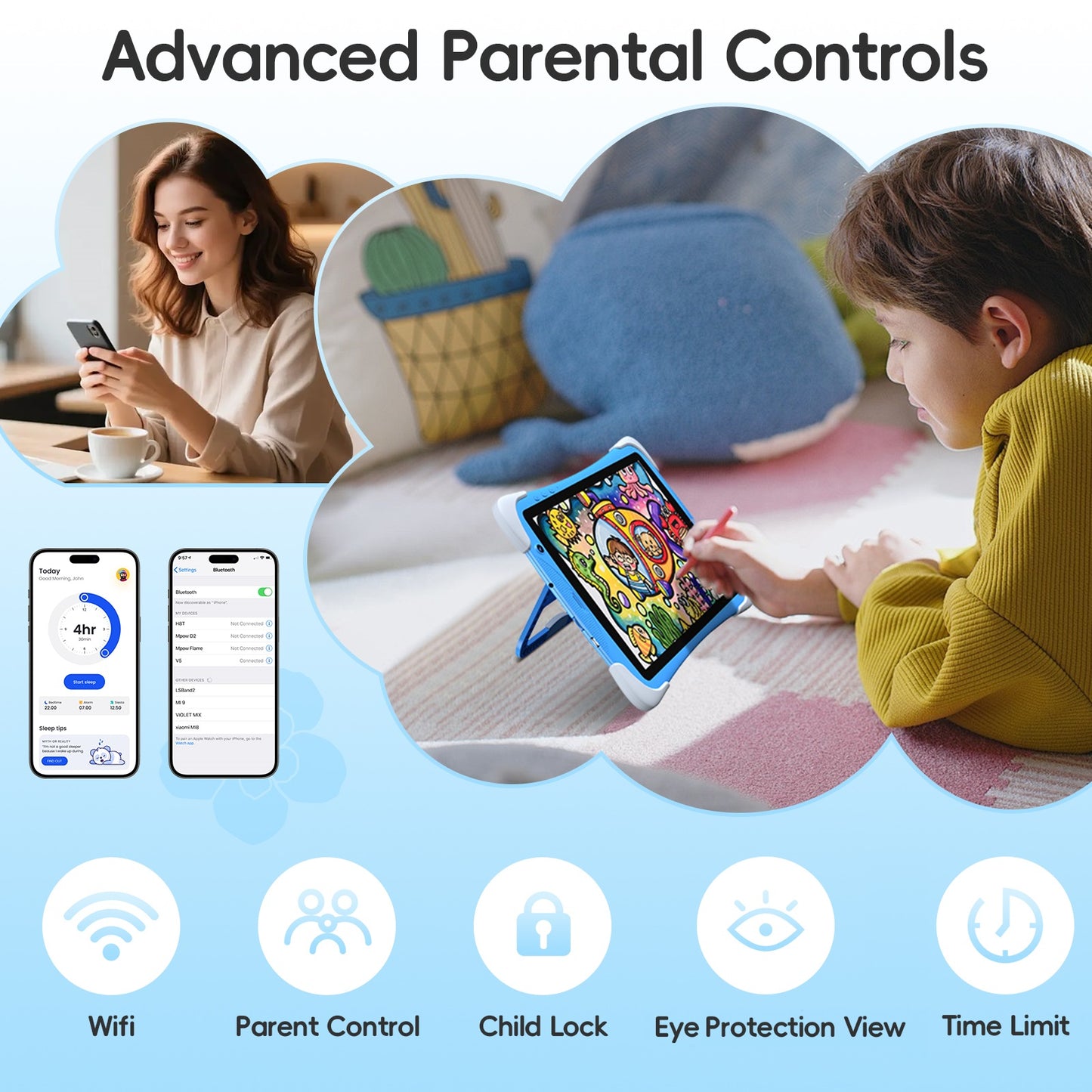 Kids Tablet,10.1 Inch Android 15 Toddler Tablet with Case,8GB RAM 64GB ROM Tableta,APP Preinstalled,Parent Control,Kids Education Children Tablet with WiFi,Blue