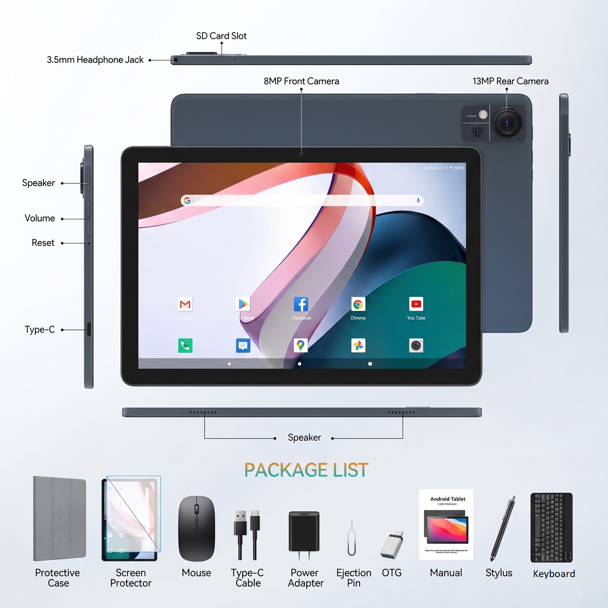 Android 16 Tablets 10 inch Tablet,30GB RAM 256GB ROM 2TB TF, MTK6769 Octa-Core AI Tableta,5G Wifi,Touch Screen,GPS,WiFi,Dual Camera,BT 5.0,7000mAh Battery,Electronics Tablets with Keyboard