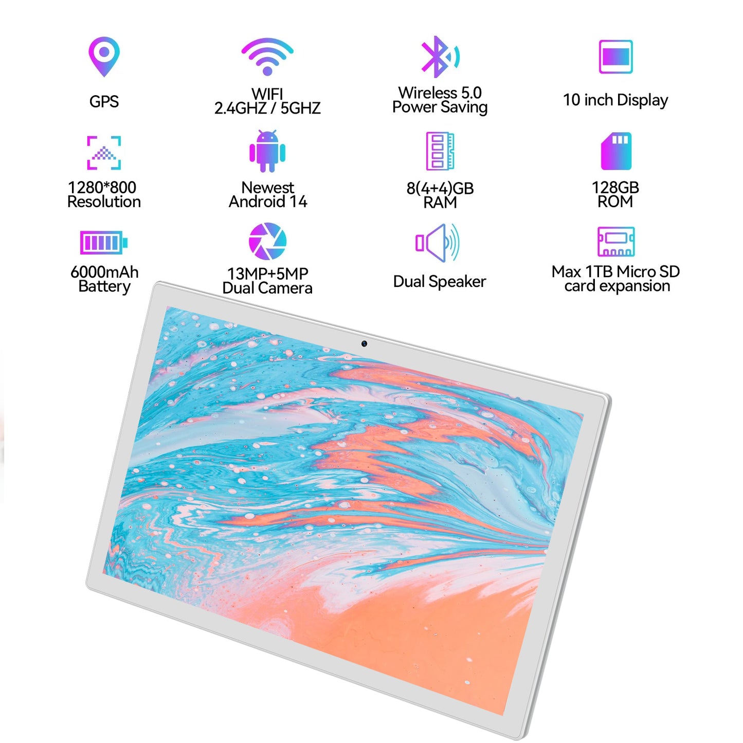 Kimlok Android 14 tablet 10.1 inch,Unisoc T606 CPU, 6000mAh 1280x800 IPS HD Touchscreen, 5G WiFi, Bluetooth, 5+13MP Camera,GPS(Black)