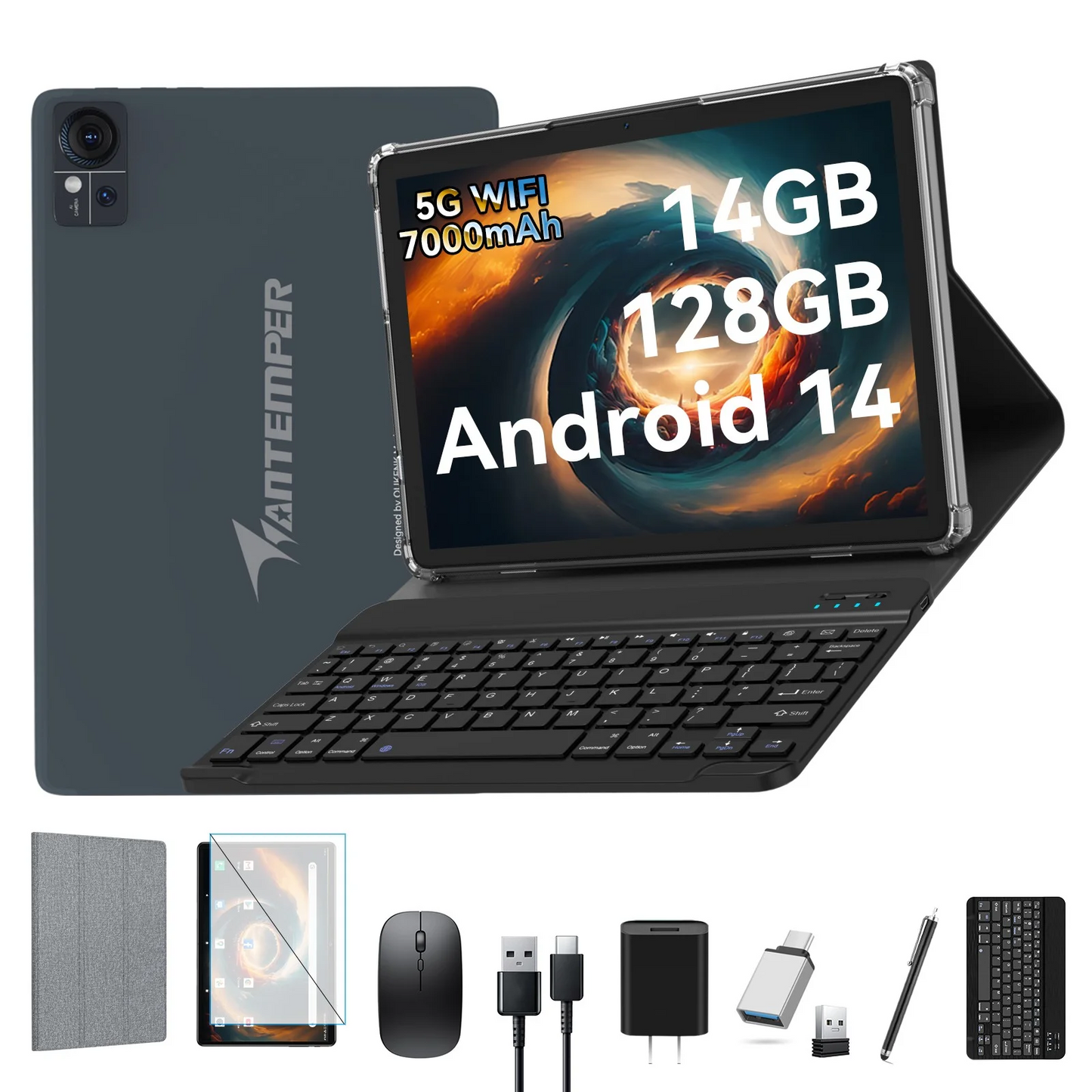 10.1 inch Android 14 Tablets with Keyboard Mouse, 14GB+128GB Storage, Spreadtrum T606 CPU, 7000mAh, 2 Speakers, 5G WiFi+4G LTE, Dual 13MP Camera,GPS(Gray)