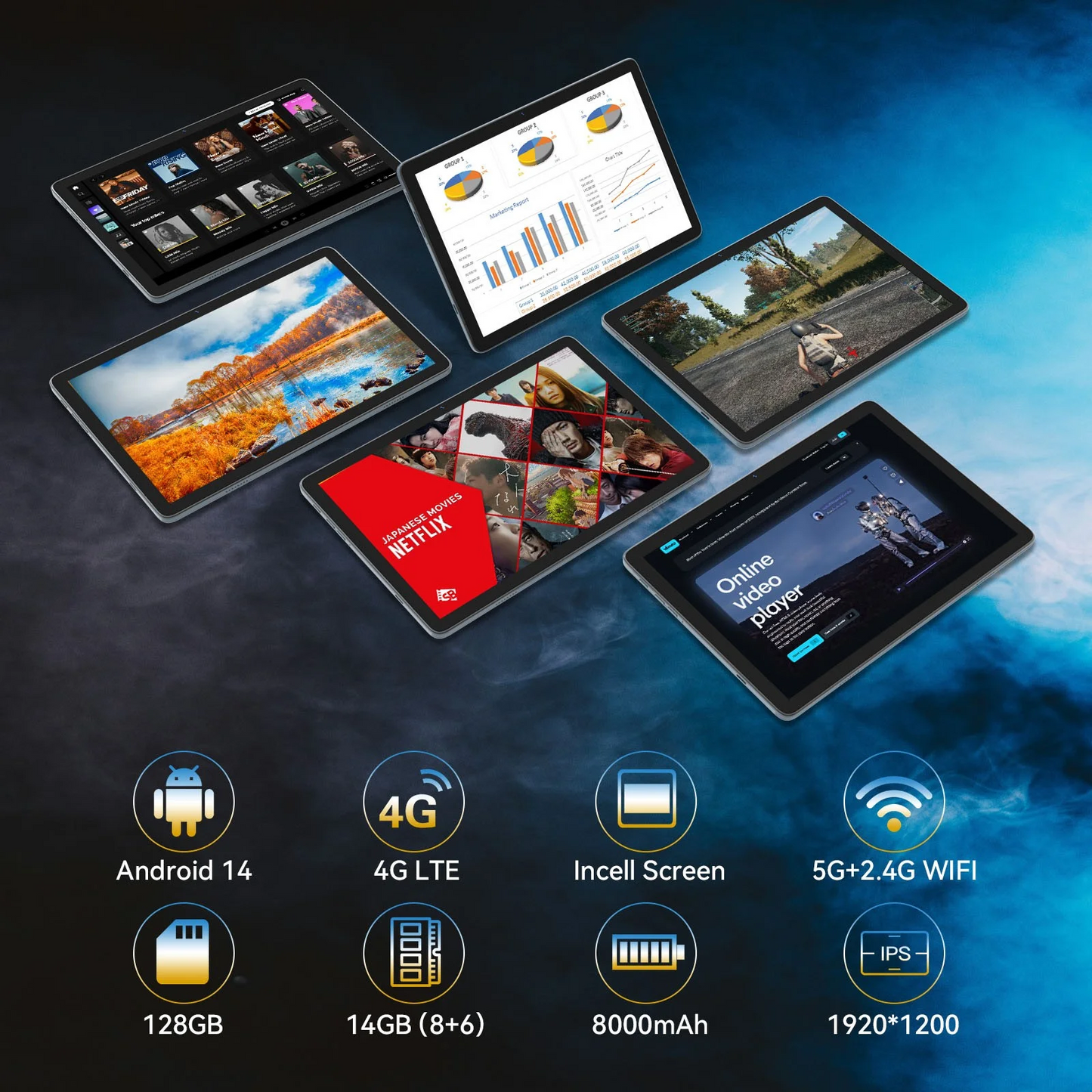10.1 inch Android 14 Tablets with Keyboard Mouse, 14GB+128GB Storage, Spreadtrum T606 CPU, 7000mAh, 2 Speakers, 5G WiFi+4G LTE, Dual 13MP Camera,GPS(Gray)