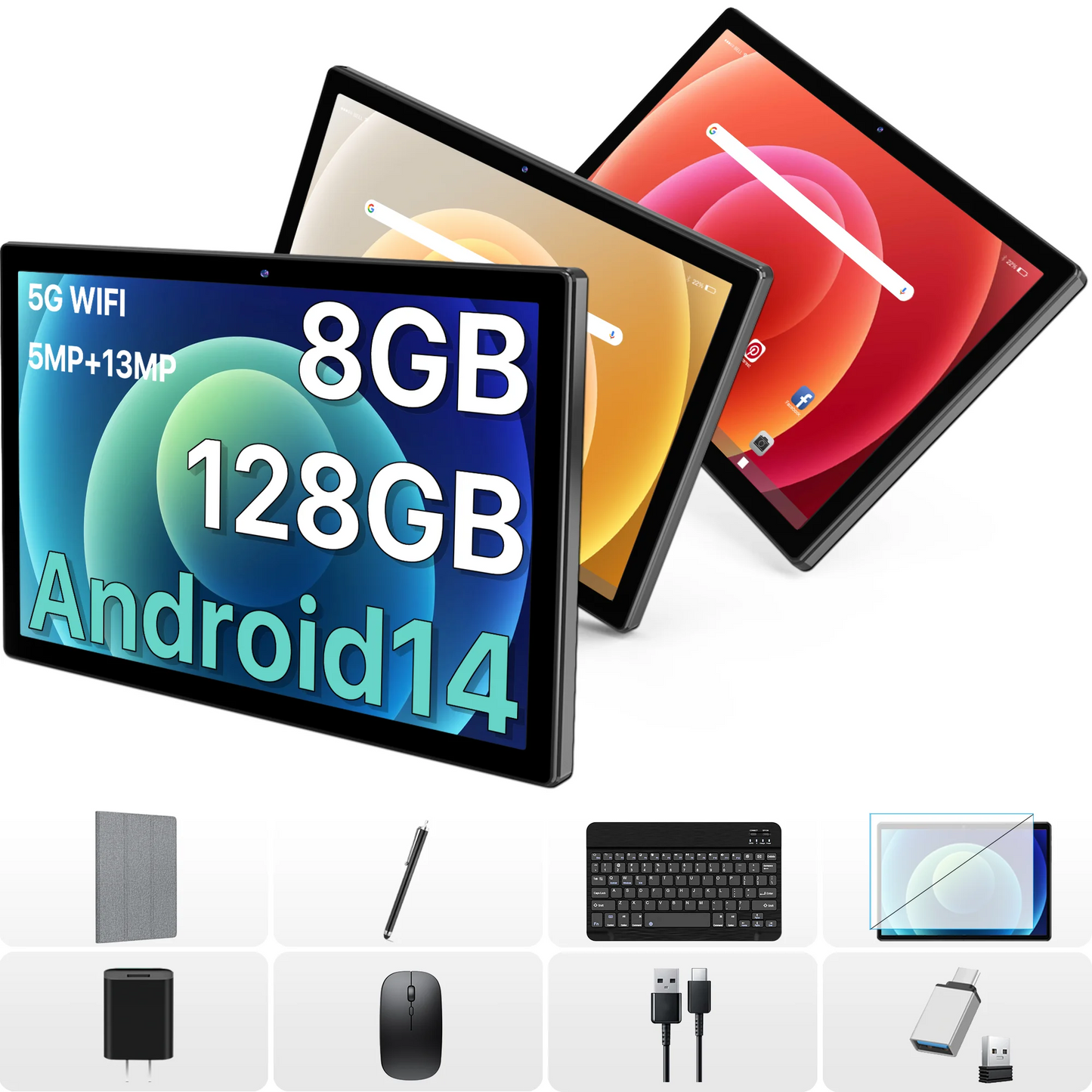 Tablet with Keyboard, Android 14, 8GB RAM + 128GB ROM ,Unisoc T606 8-Core Processor, 5MP + 13MP, 7000mAh, Black
