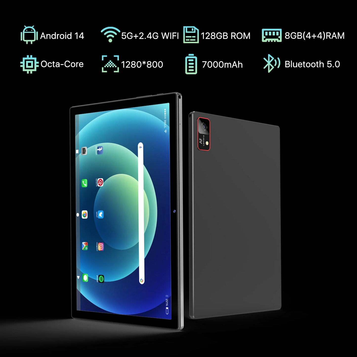 Tablet with Keyboard, Android 14, 8GB RAM + 128GB ROM ,Unisoc T606 8-Core Processor, 5MP + 13MP, 7000mAh, Black