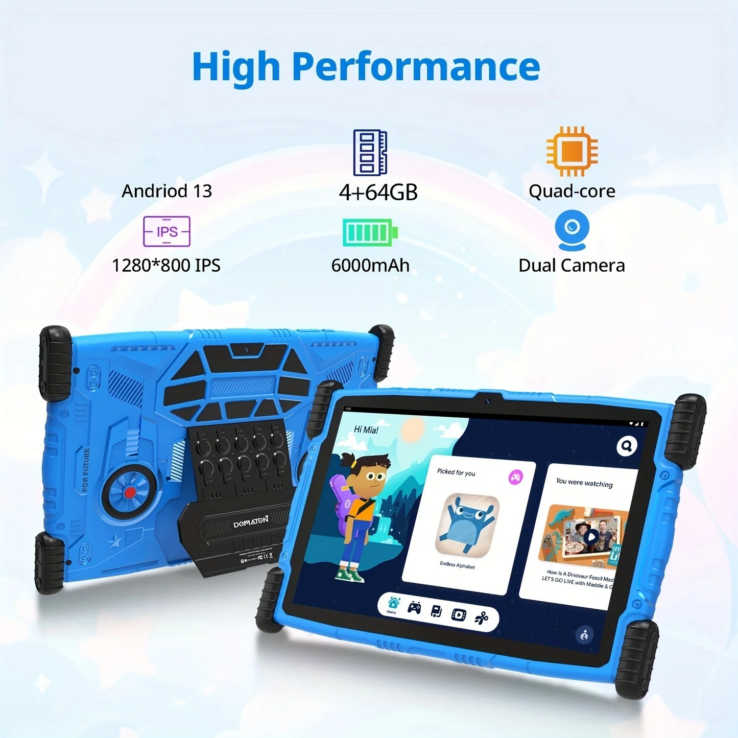 10" Kids Tablet Bundle,Android 13 Tablet for Kid,4GB RAM 64GB ROM 6000mAh, HD Touch Screen, Parental Control, Kid-Proof Case, Bluetooth, Wifi,Dual Camera,Android Tablet,Blue
