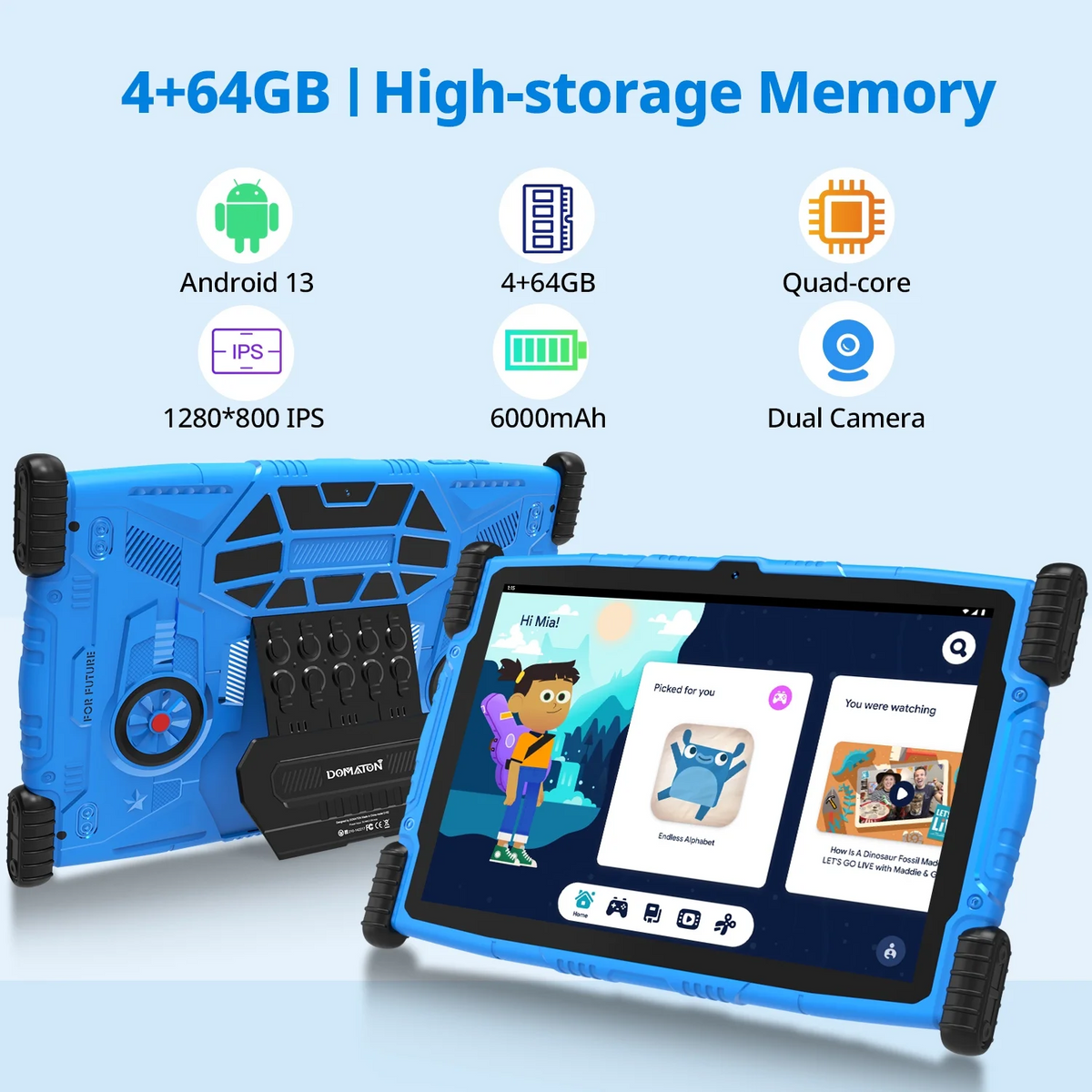 Antemper 10 inch kids tablet with Android 13, 8GB RAM 64GB ROM 6000mAh, HD Touch Screen, Parental Control, Kid-Proof Case, Bluetooth, Wifi (Blue)