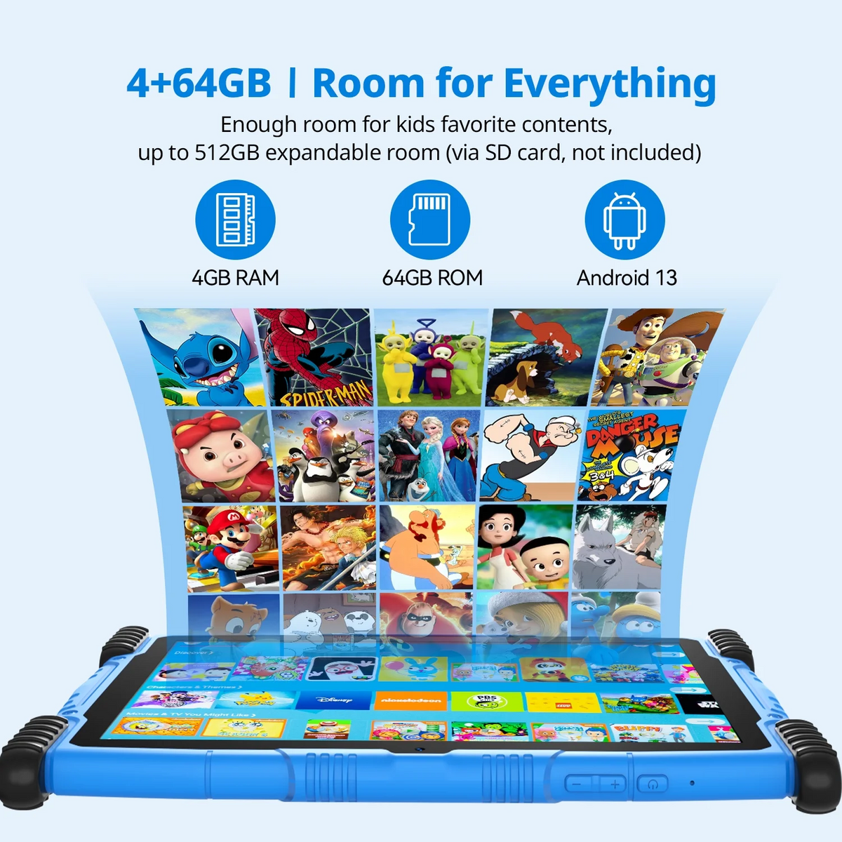 Antemper 10 inch kids tablet with Android 13, 8GB RAM 64GB ROM 6000mAh, HD Touch Screen, Parental Control, Kid-Proof Case, Bluetooth, Wifi (Blue)