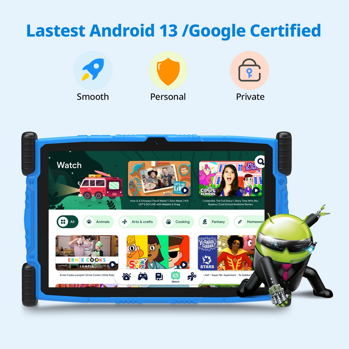 Antemper 10 inch kids tablet with Android 13, 8GB RAM 64GB ROM 6000mAh, HD Touch Screen, Parental Control, Kid-Proof Case, Bluetooth, Wifi (Blue)