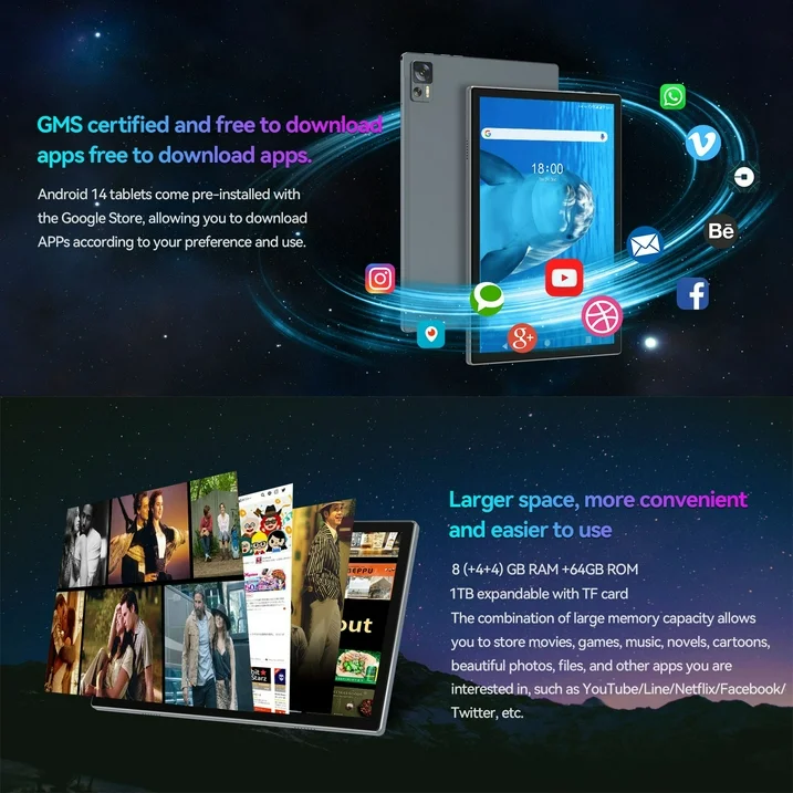 Android 14 Tablet 10 inch Tablet, 8+64GB ROM 512GB Expand, Quad-Core Processor, 1280x800 IPS HD Touch Screen, GPS, WiFi, 5MP+13MP Dual Camera, Bluetooth