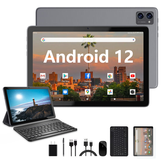 10 inch Tablet Android 12 Tablet PC 5G Wifi Tablet with Keyboard Case Octa Core Arm 4GB Ram 128GB Rom IPS Screen Bluetooth 5.0