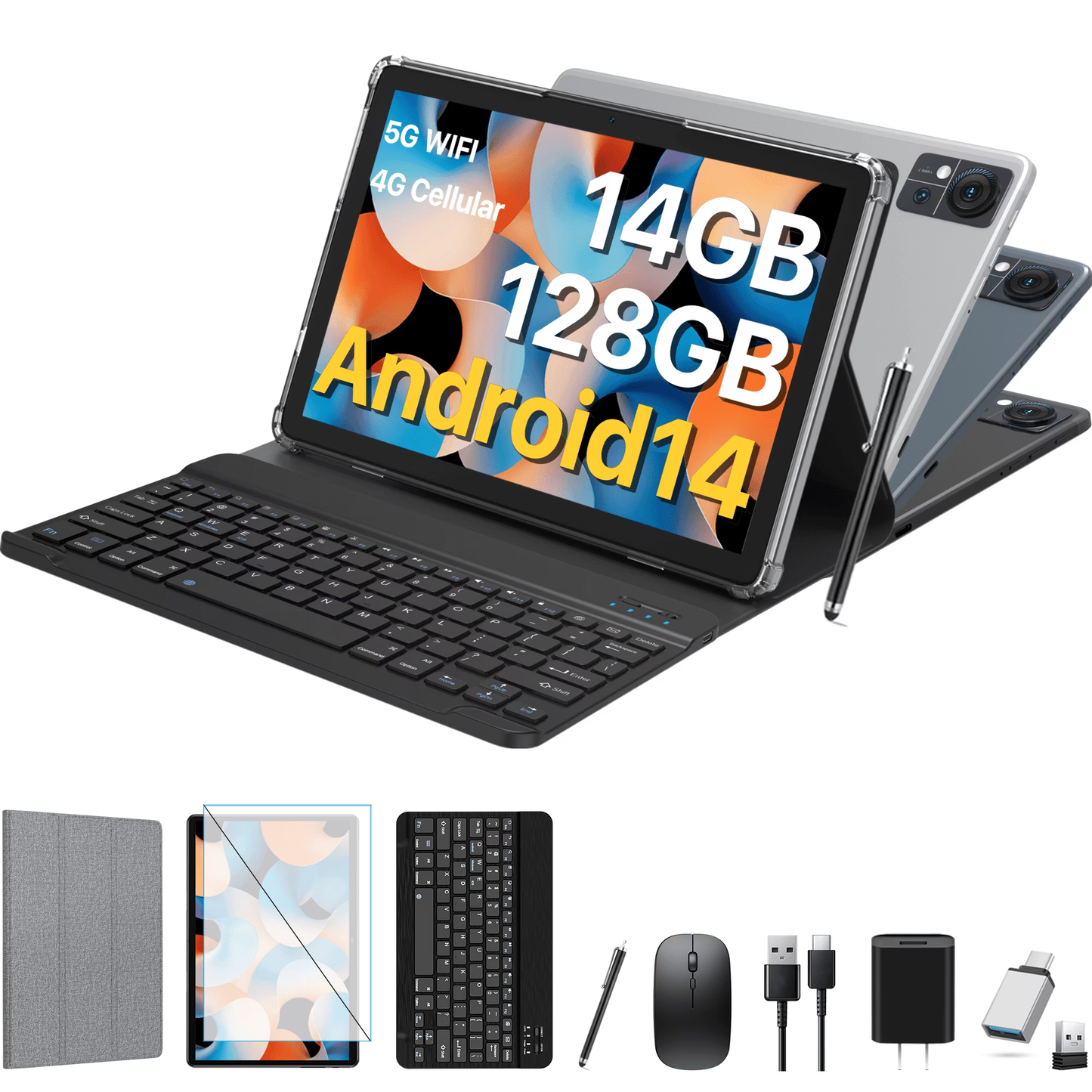 Android 14 Tablet with Keyboard, 14GB RAM+128GB ROM, 8MP+13MP Camera, 4G LTE, Unisoc T606 8-Core Processor