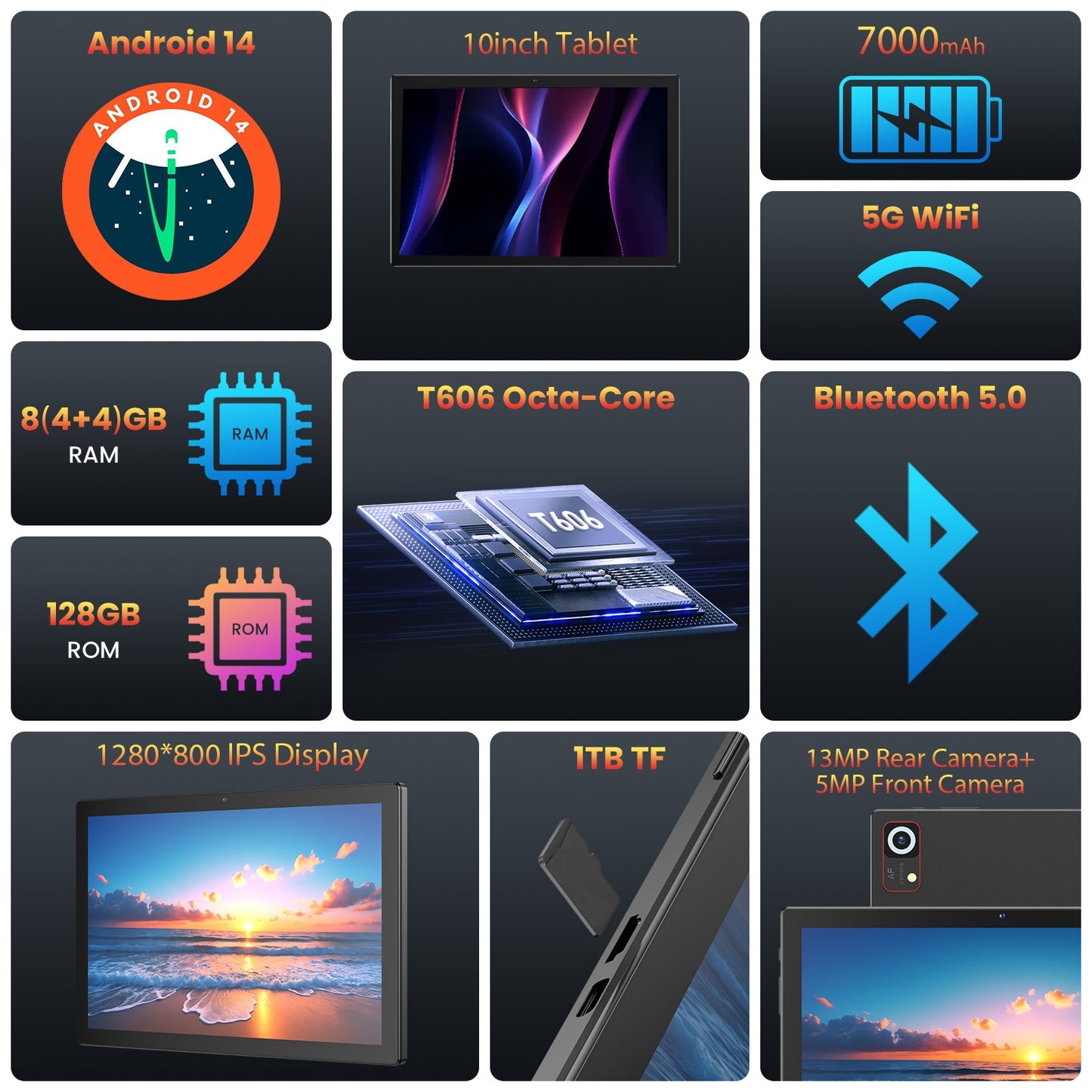 Android 14 Tablet, 10 inch Tablet, Octa Core Processor FHD 1280 * 800 Display, 8GB RAM + 128GB ROM, 2 in 1 Tablet PC, 6000mAh, 5G WiFi