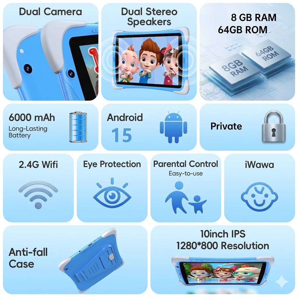 Kids Tablet,10.1 Inch Android 15 Toddler Tablet with Case,8GB RAM 64GB ROM Tableta,APP Preinstalled,Parent Control,Kids Education Children Tablet with WiFi,Blue