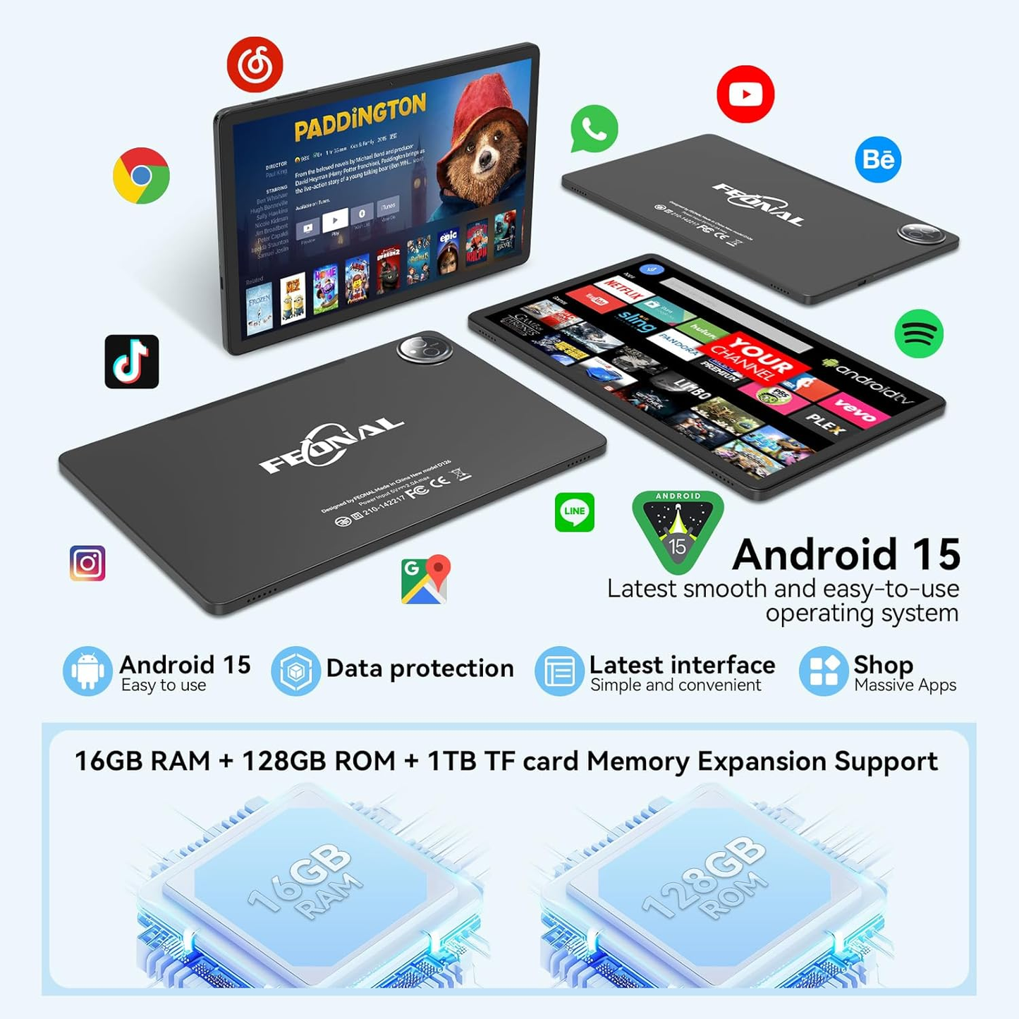 Tablet 11 inch Android 15 Tablet, 2025 Latest Update 128GB ROM 16GB RAM, 4G LTE Tableta, 5G WiFi+Cellular, Octa-Core MTK8786, 21MP Dual Camera,1TB Expand, Incell FHD Screen, T-Mobile SIM Card Support