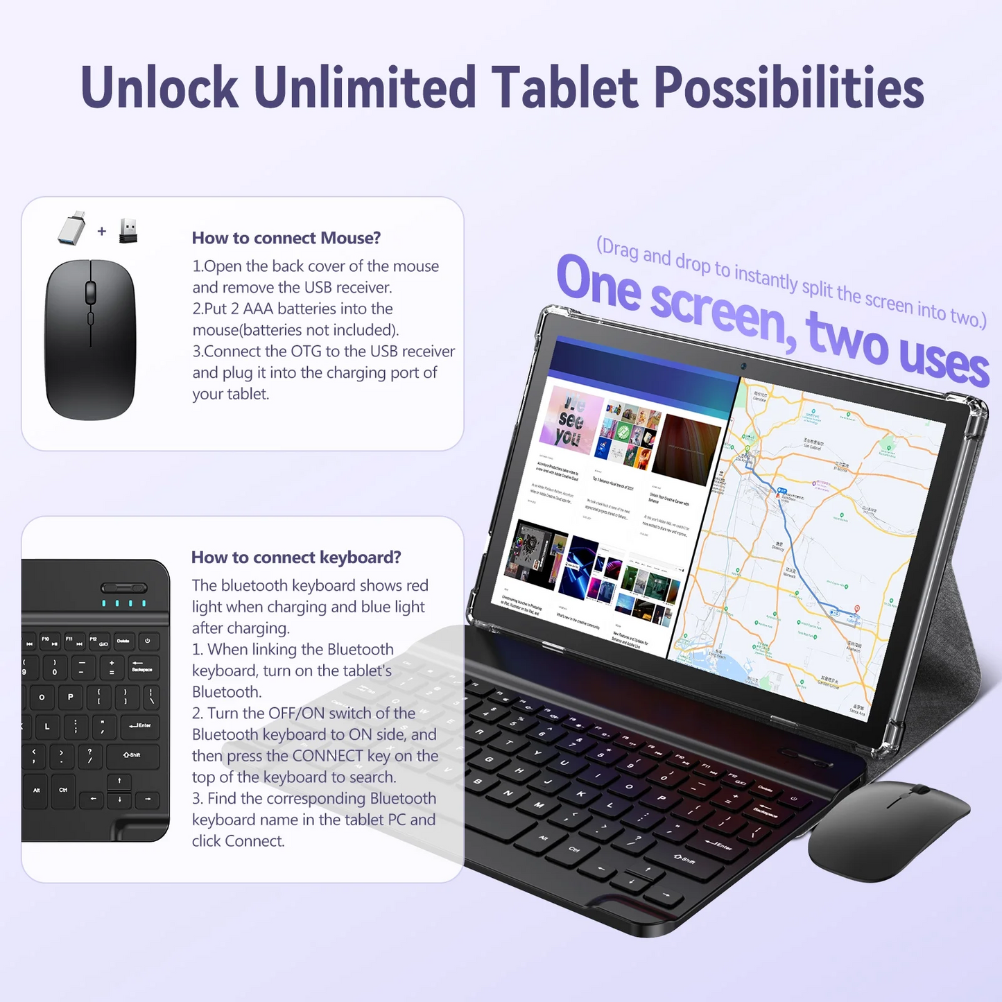 Antemper 10 inch 2024 Latest Android 14 Electronics Tablet, 2 in 1 Tablet With Keyboard And Mouse, 1280 * 800 FHD Display, Octa Core, 8GB RAM+128GB ROM, 7000mAh, 5MP+13MP Camera
