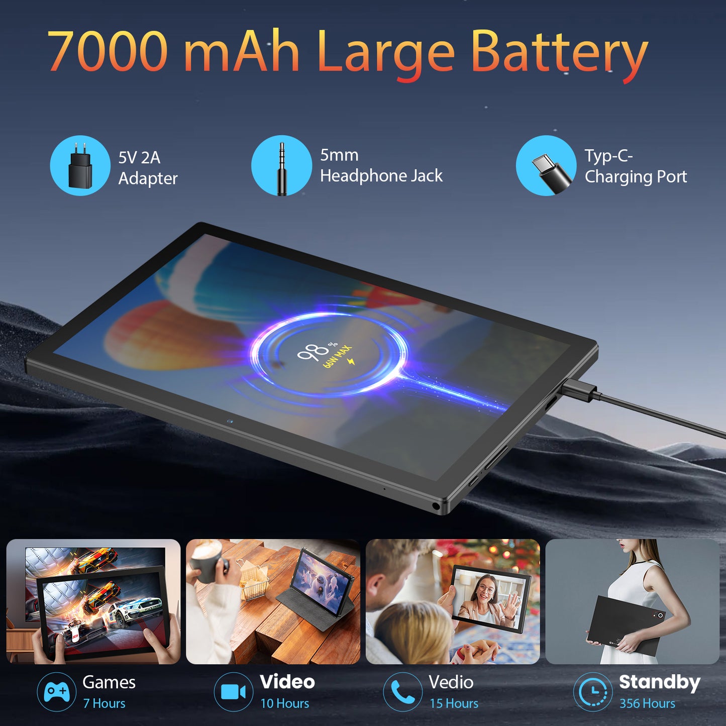 Android 14 Tablet, 10 inch Tablet, Octa Core Processor FHD 1280 * 800 Display, 8GB RAM + 128GB ROM, 2 in 1 Tablet PC, 6000mAh, 5G WiFi