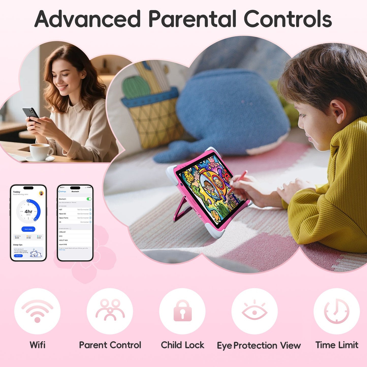 Kids Tablet,10.1 Inch Android Toddler Tablet with Case,8GB RAM 64GB ROM Tableta,APP Preinstalled,Parent Control,Kids Education Children Tablet with WiFi,Pink