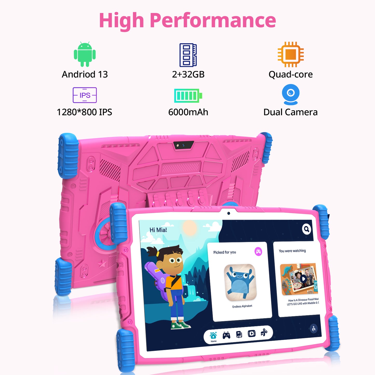 10" Kids Tablet with Parental Control , 64GB, Android 13 Tablet for Child, Wi-Fi, 6000mAh, HD Touch Screen, Parental Control, Kid-Proof Case,Dual Camera,Android Tablet,Pink