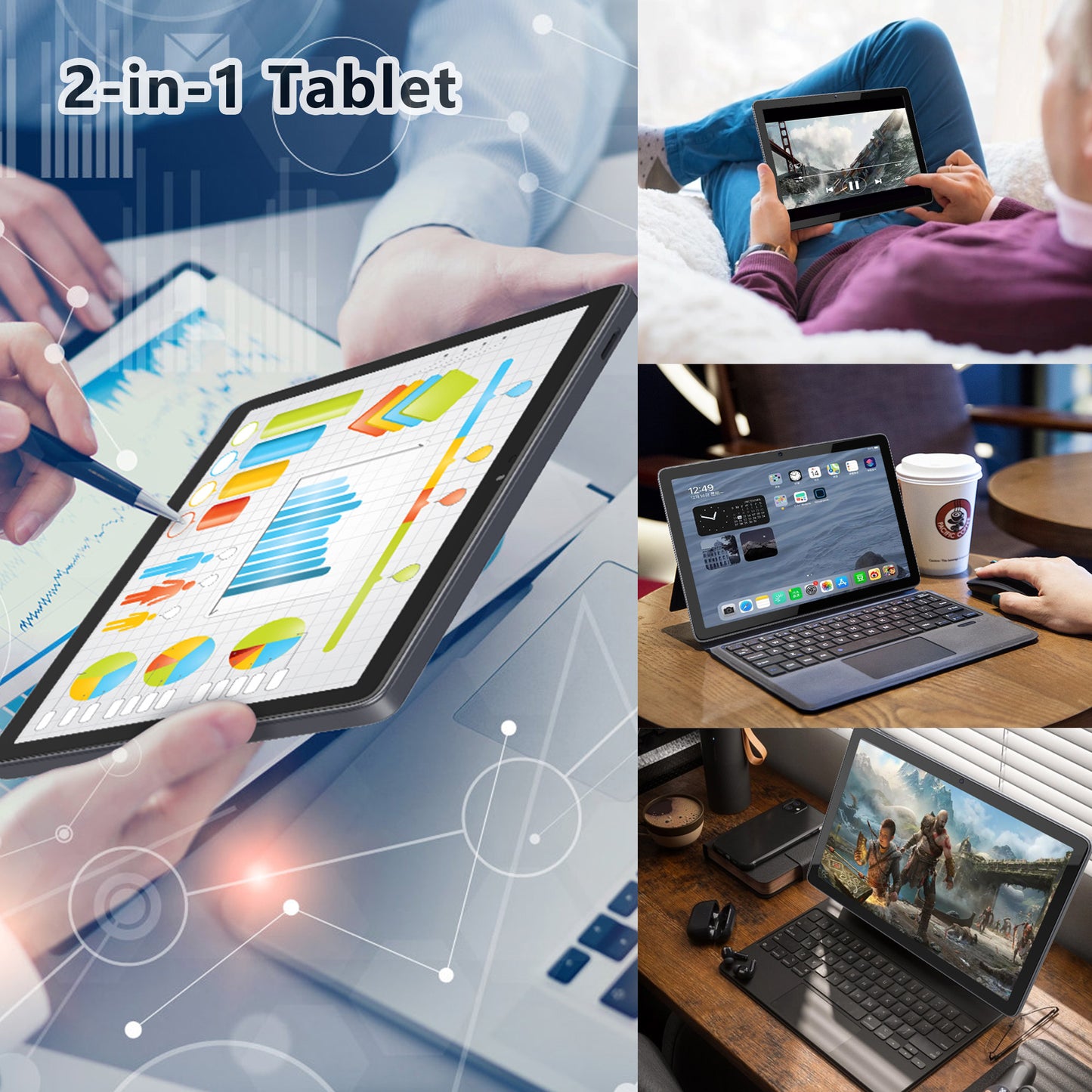 Suminoc 2 In 1 10.1" Tablet Android 12 Tablet 5G Wifi Tablet with Keyboard Octa-Core 4GB Ram 128GB ROM/1TB Expand 1280x800 HD Screen Bluetooth 5.0 Gray