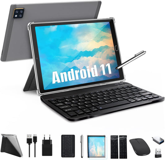 Android 11 Tablet 10 inch Tablet with Keyboard and Mouse Support 5G Wifi 4GB RAM 64GB ROM Quad Core Bluetooth Gray