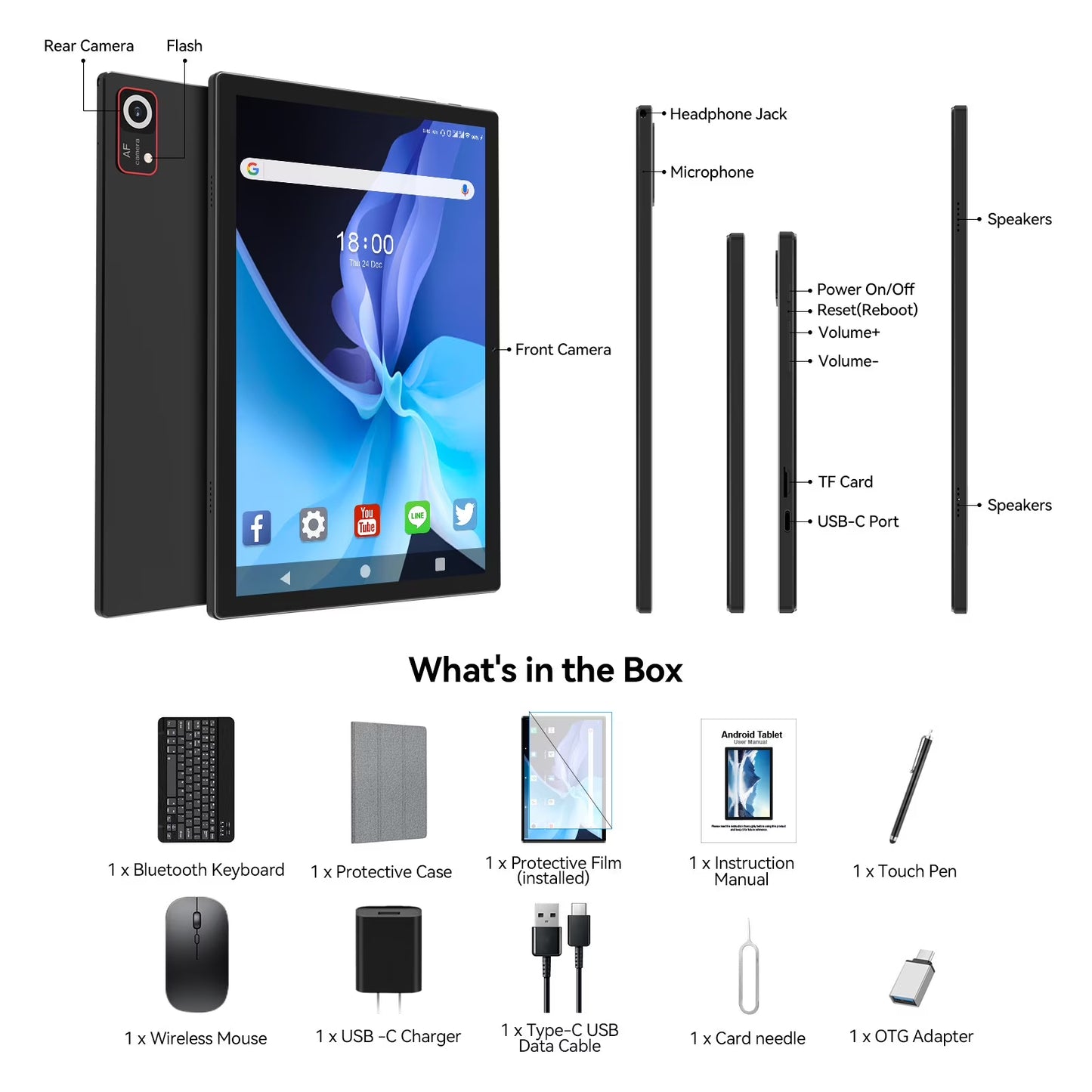 Android 14 tablet 10.1 inch,8GB RAM 128GB ROM,Unisoc T606 CPU,7000mAh 1920*1200 IPS HD Touchscreen,5G WiFi,Bluetooth,5+13MP Camera,GPS(Black)