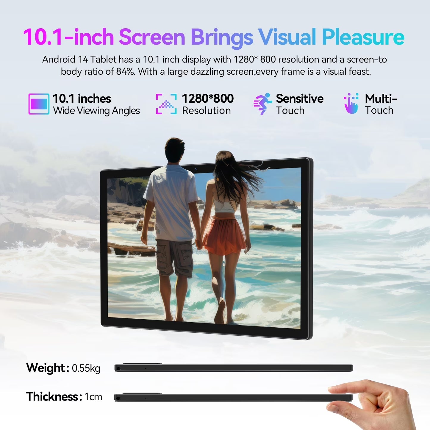 Android 14 tablet 10.1 inch,8GB RAM 128GB ROM,Unisoc T606 CPU,7000mAh 1920*1200 IPS HD Touchscreen,5G WiFi,Bluetooth,5+13MP Camera,GPS(Black)